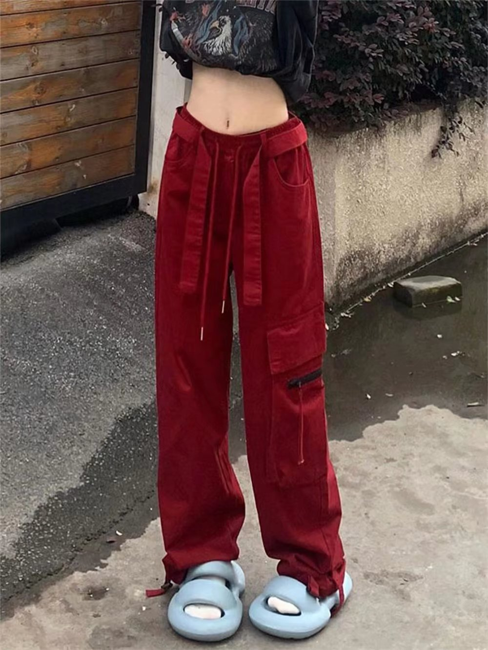 Red straight overalls women's spring and summer large size new fat mm high waist loose and thin casual mopping wide-leg pants