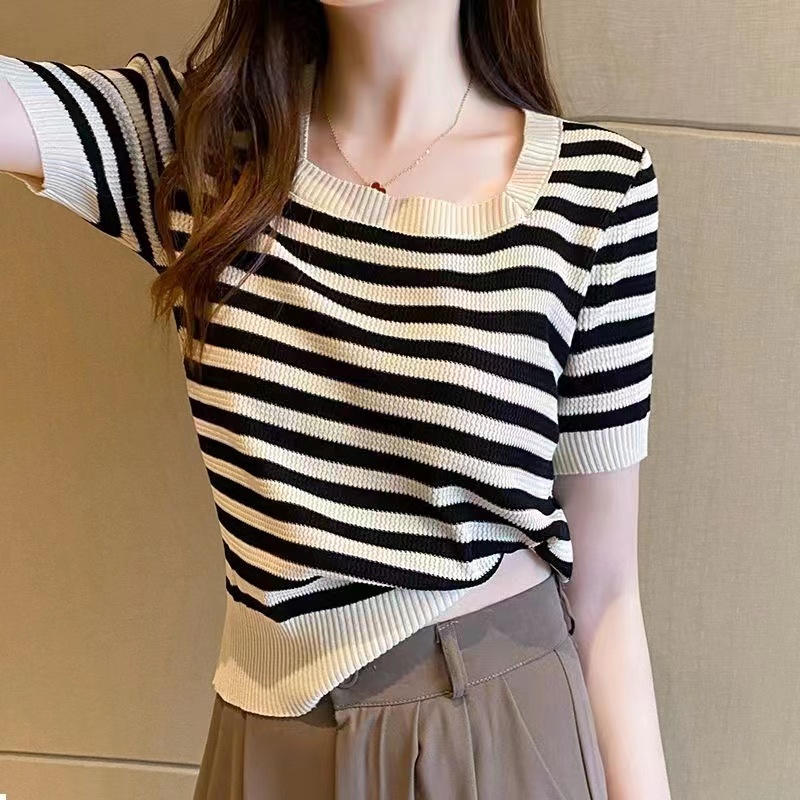Striped thin section summer sweater sweater loose air-conditioning shirt sunscreen shirt short-sleeved T-shirt top