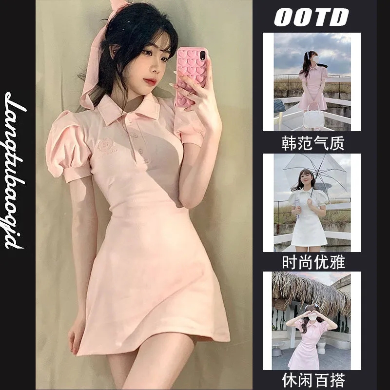 2023 spring and summer new high-end blue French style puff sleeve college style polo collar dress princess pure