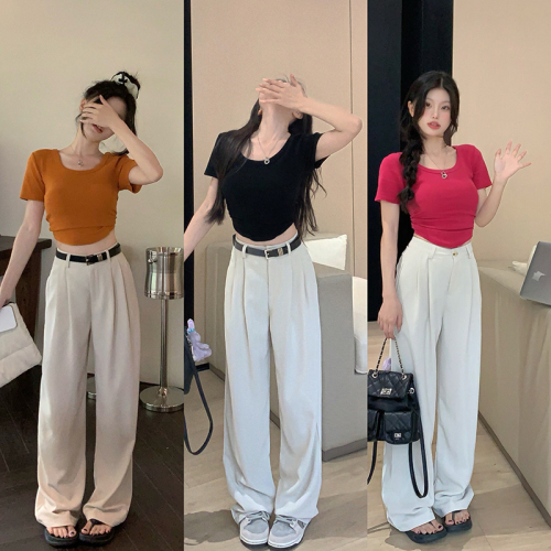 Real shot real price hot girl tight high waist navel exposed short-sleeved T-shirt + all-match loose casual trousers for women