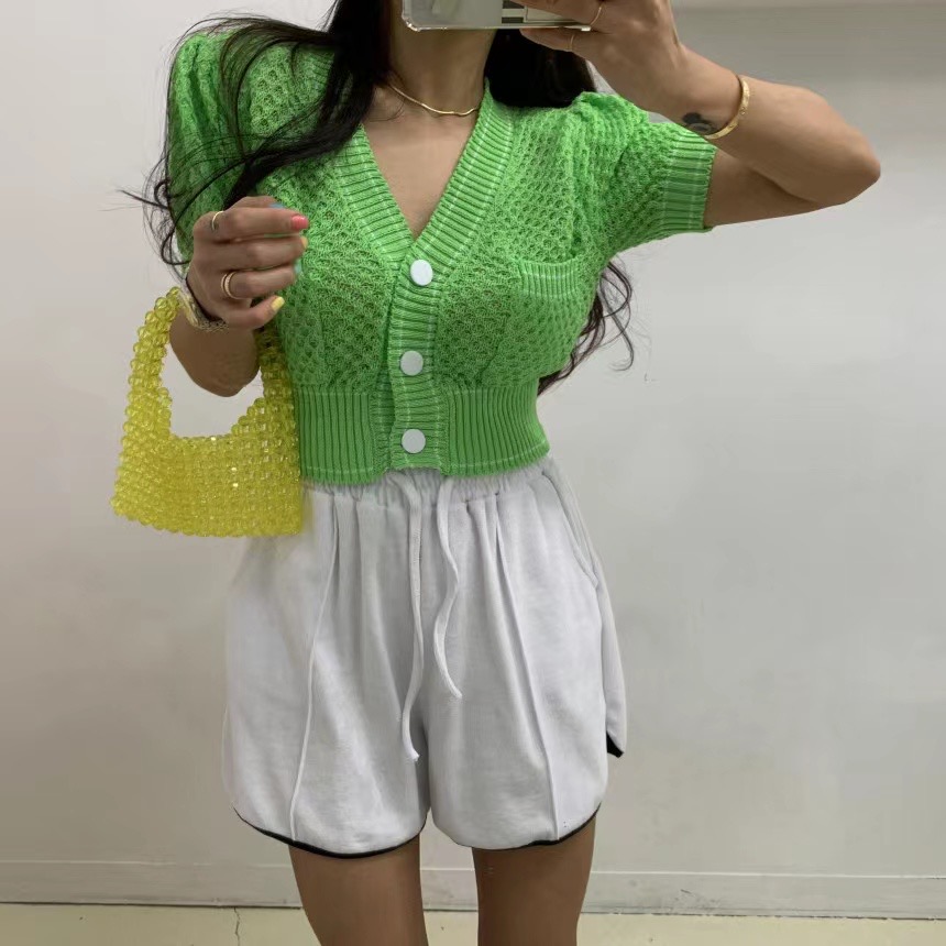Korean style summer wool sweater top slim V-neck cardigan short-sleeved T-shirt for women