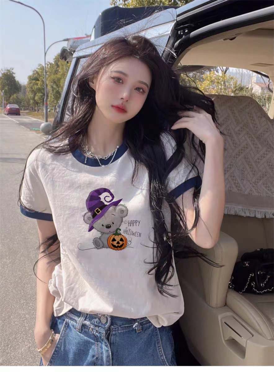 Pure cotton pull frame color-blocking short-sleeved color-blocking printing loose short-sleeved t-shirt for women
