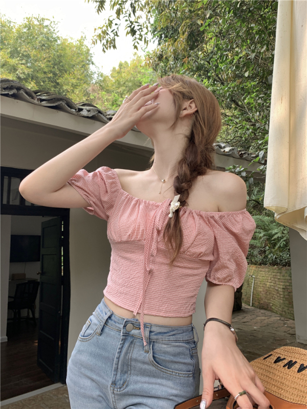 Real price real price summer plaid shirt women's short-sleeved strappy top