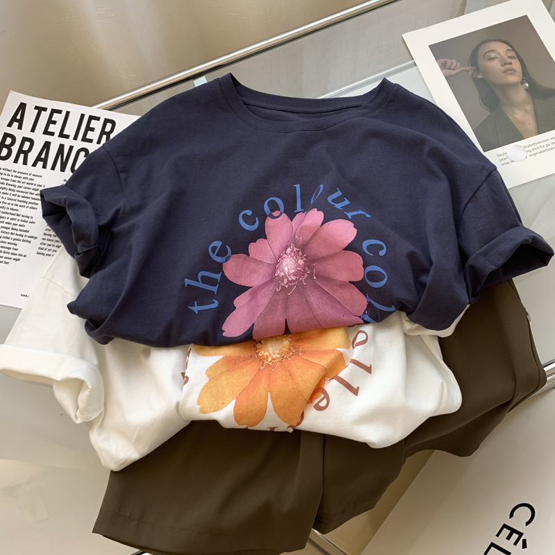 2023 summer back bag cotton thread collar new cotton short-sleeved t-shirt female student style printing