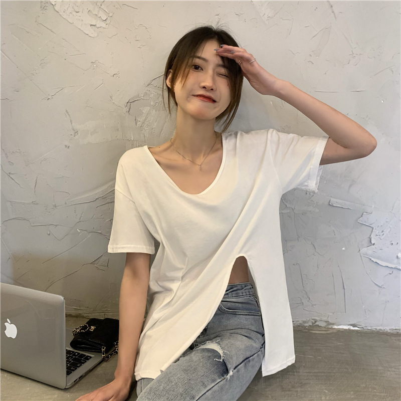 Slit v-neck short-sleeved t-shirt women's summer design sense collarbone chic loose