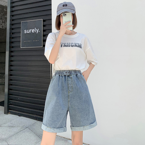 Real shot large size loose five-point pants slim high waist jeans pants wide leg pants wash water rolled edge jeans women