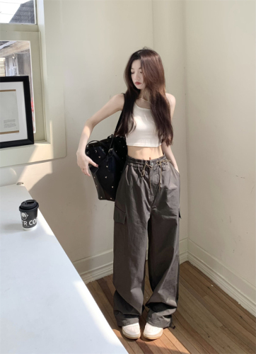 Real shot real price gray wide-leg pants women 2023 new high waist loose straight casual pants retro overalls