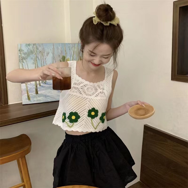 French chic sweet and spicy vest women's summer wear thin section hollow bohemian short camisole top blouse