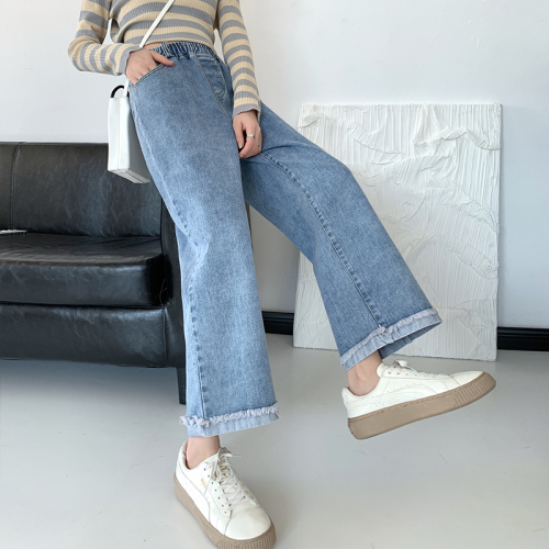 Real shot hip bone width suitable for straight jeans women's high waist slim nine-point pants chic Hong Kong flavor rolled edge pants trendy