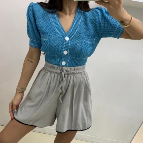 Korean style summer wool sweater top slim V-neck cardigan short-sleeved T-shirt for women