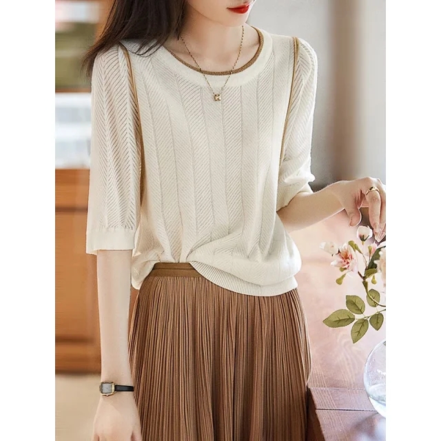 Ice silk short-sleeved t-shirt women's summer small short style with skirt retro round neck puff sleeve bottoming knitwear