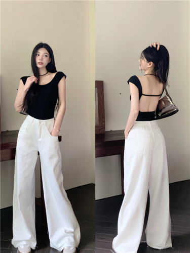 Real price American hot girl backless one-piece T-shirt top + slimming frayed edge wide-leg jeans