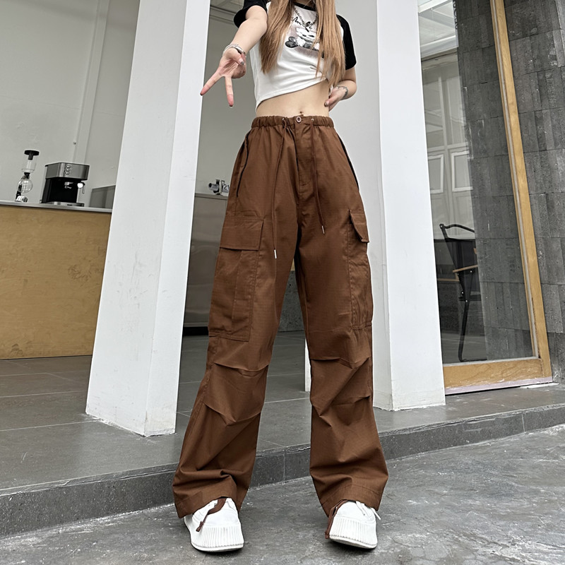 Real shot#American retro multi-pocket overalls women's 2023 summer new loose drawstring straight wide-leg pants