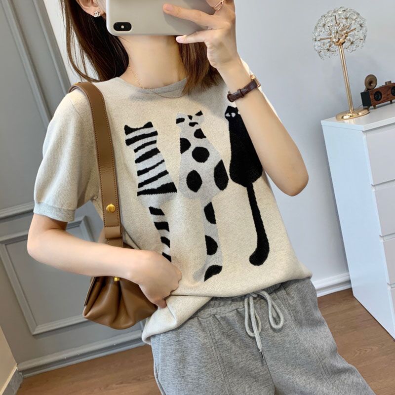 Short-sleeved T-shirt top women's summer new retro foreign style cat jacquard loose slim ice silk knitted bottoming shirt
