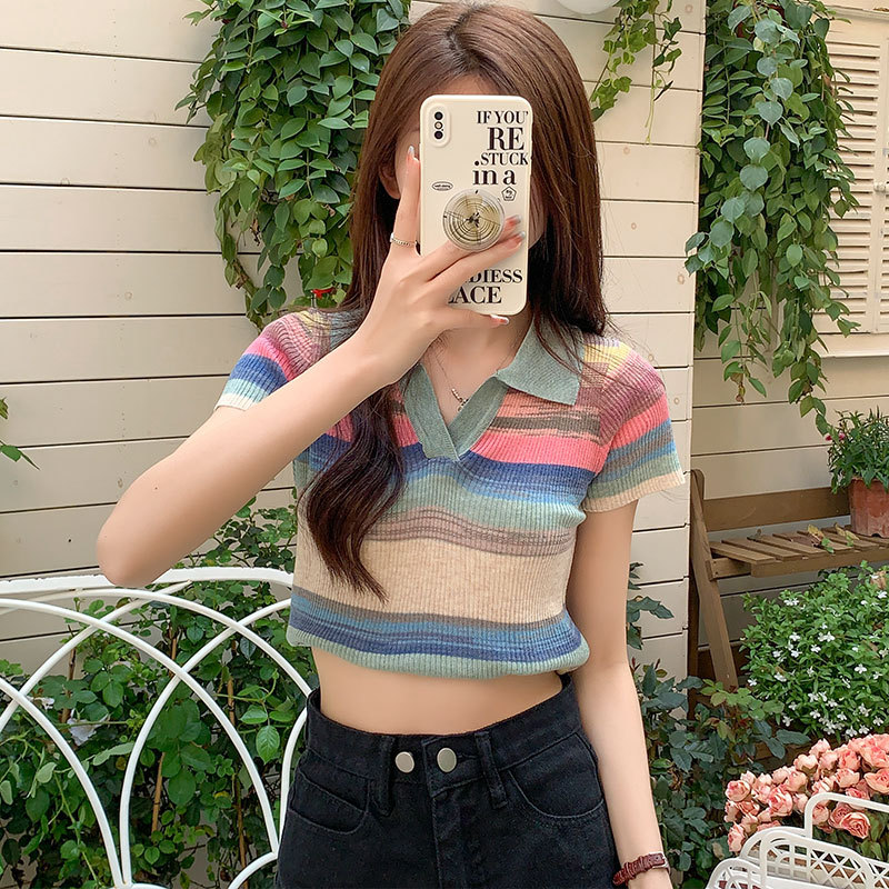 Real price rainbow striped knitted short-sleeved t-shirt women's summer Polo shirt with lapel short section slim shoulder shirt