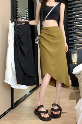 Real price real price 2023 summer new irregular wrinkled slit skirt women's high waist design sense package hip A-line skirt