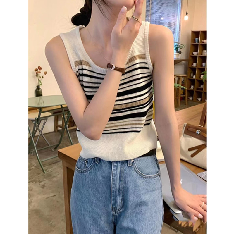Striped ice silk knitted camisole female summer outer wear sweet hot girl short section with navel sleeveless t-shirt top