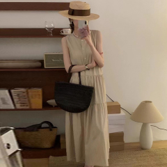 Korean summer simple temperament round neck single-breasted button fold layered sleeveless suspender dress long skirt female