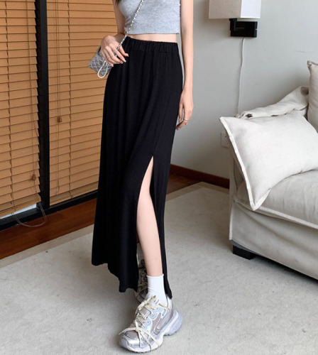 Real price 2023 summer new thin material knitted skirt women's elastic waist side slit drape wrap hip skirt