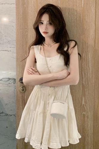 Summer new sweet white moonlight air sweet and gentle wind suspender dress female slim slim solid color skirt