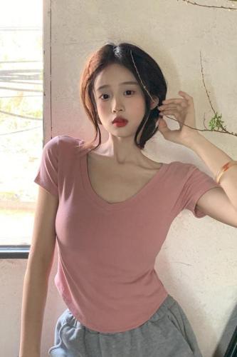 Real price~Light familiar style V-neck slim fit and thin short T-shirt for women
