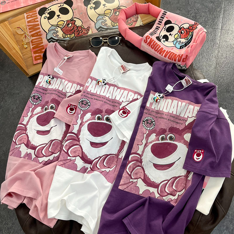 Pure cotton fat MM300 catty large size women's clothing embroidery strawberry bear washing water sweet printing half-sleeved T-shirt women