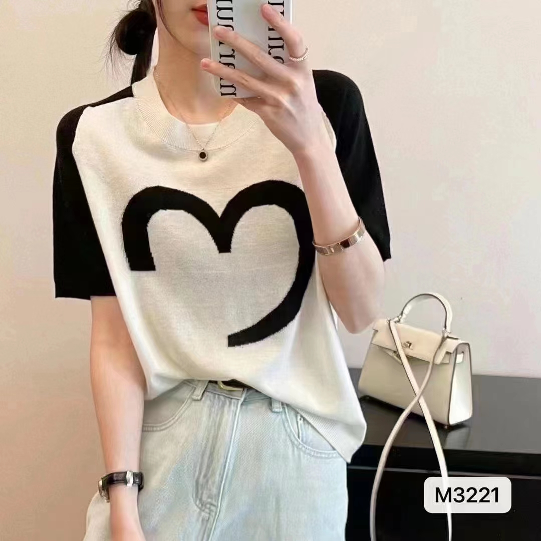2023 spring and summer new trendy fashion hit color Tencel wool sweater women's short-sleeved T-shirt top
