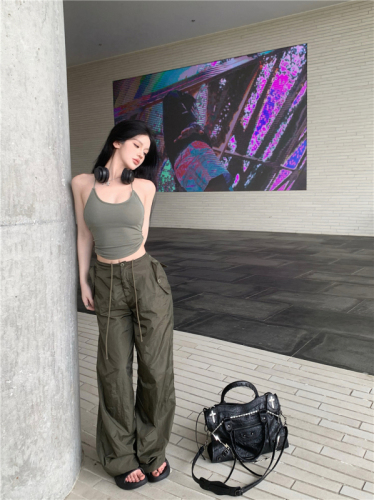 Real shot real price retro overalls female hot girl low waist wide leg pants casual loose paper bag pants