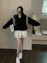 Real shot real price American style stand collar color matching striped long sleeve jacket women's loose zipper short jacket