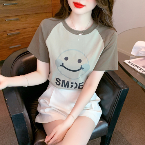 Real shot 2023 summer celebrity style round neck loose thin top casual summer cartoon pattern pullover T-shirt