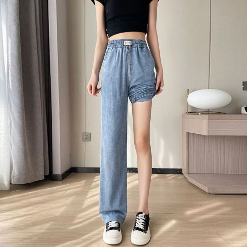 Real shot Tencel jeans women's summer thin section  new high waist drape small straight ice silk wide-leg pants