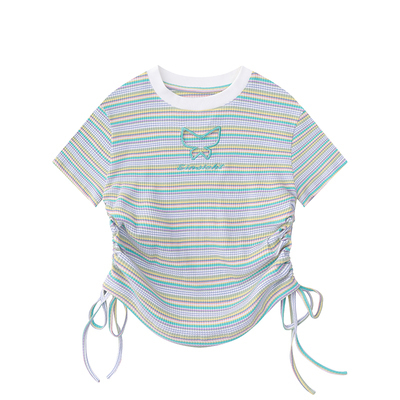 AONW summer new hollow butterfly striped short T-shirt female niche design sweet hot girl strap short sleeves