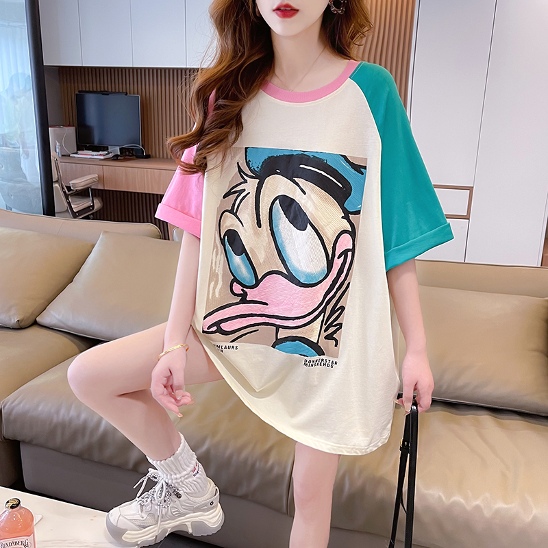 Real shot 100% cotton back wrap collar short-sleeved T-shirt women's raglan sleeves mid-length stitching contrast color round neck summer top
