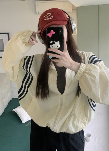 Real shot real price American style stand collar color matching striped long sleeve jacket women's loose zipper short jacket