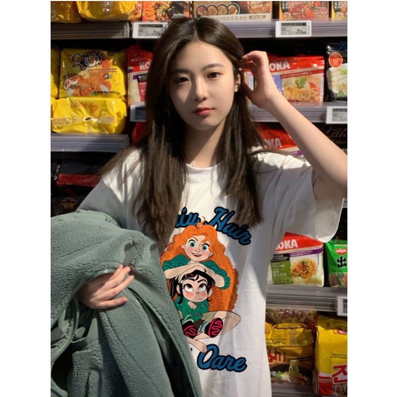 Cotton back bag combed tightly new short-sleeved printed T-shirt for women
