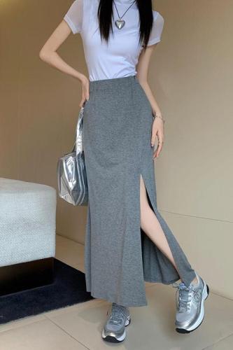 Real price 2023 summer new thin material knitted skirt women's elastic waist side slit drape wrap hip skirt