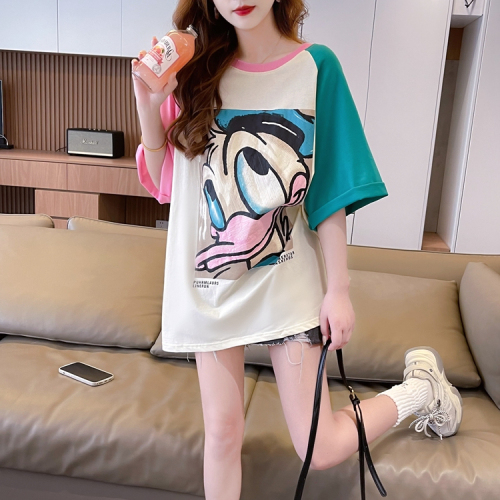 Real shot 100% cotton back wrap collar short-sleeved T-shirt women's raglan sleeves mid-length stitching contrast color round neck summer top
