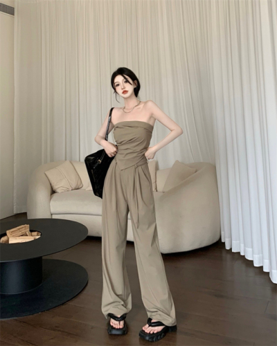 Real price, all-match Yujie style irregular tube top + loose suit high waist wide leg pants suit