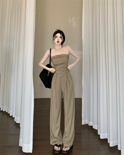 Real price, all-match Yujie style irregular tube top + loose suit high waist wide leg pants suit