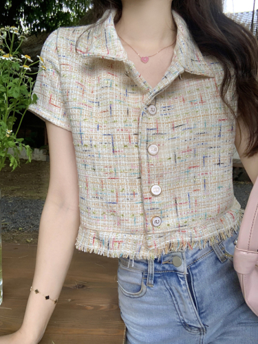Milky apricot color small fragrance tassel braided short top women's  summer new chic design shoulder shirt