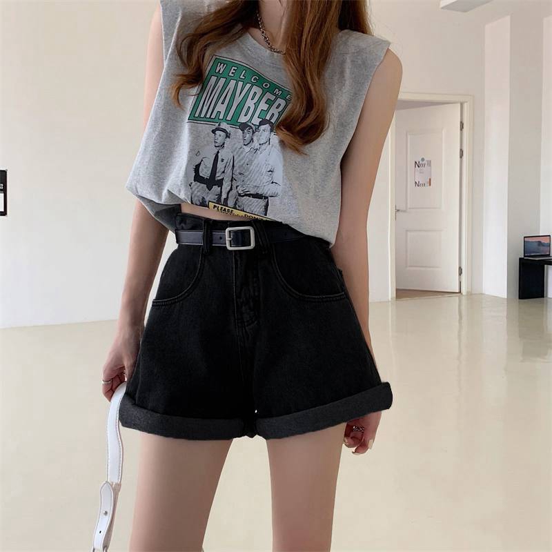 Non-real shot High waist plus size denim shorts women's summer new simple a word roll edge loose slim wide leg hot pants