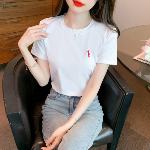 real shot!   new fashion all-match embroidery short-sleeved t-shirt women's simple top pullover