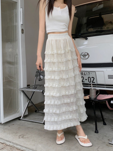 Real price~2023 new Korean version design sense cake skirt elastic waist layer A-line skirt long skirt female