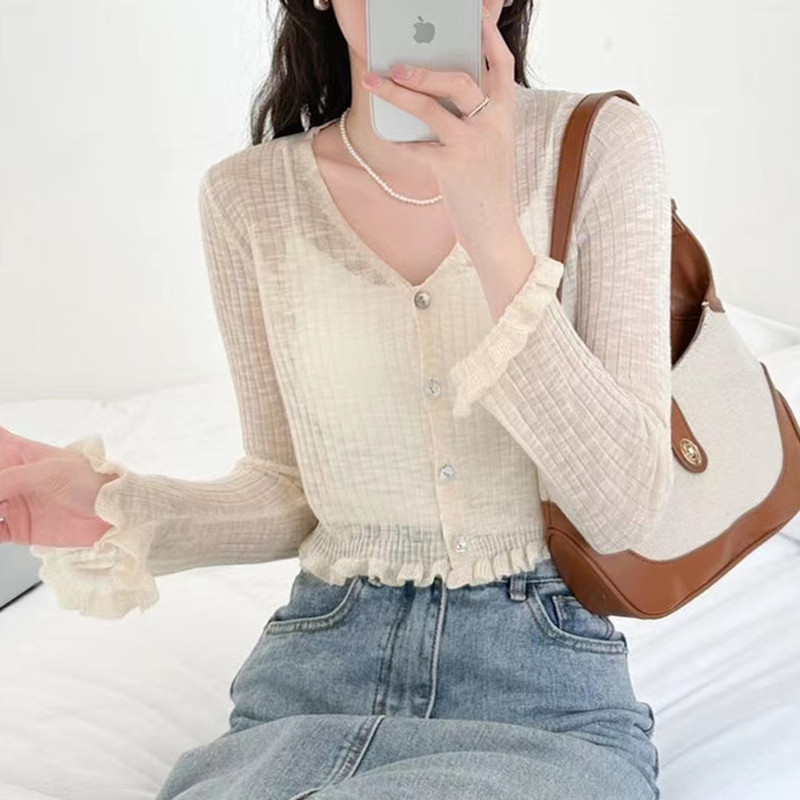 Summer thin cardigan knitted top women's long-sleeved shawl coat thin new style outer wear short sunscreen blouse tide