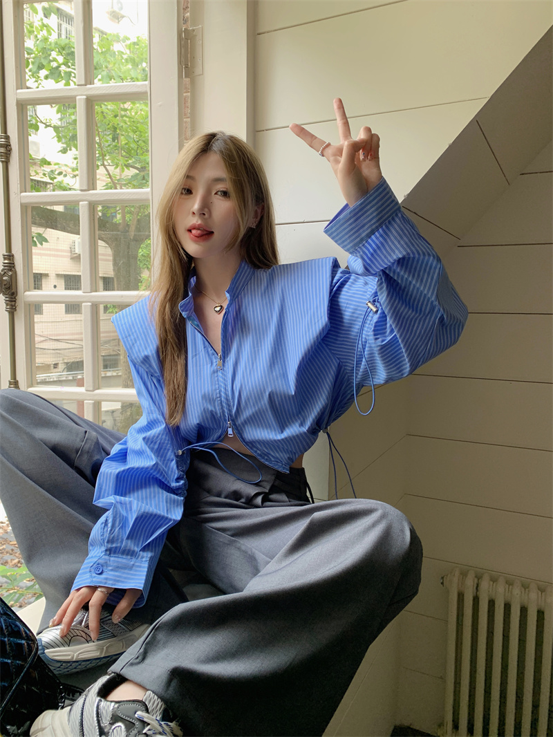 Real shot real price Korean temperament pleated button loose top sweet stand collar waist drawstring solid color shirt