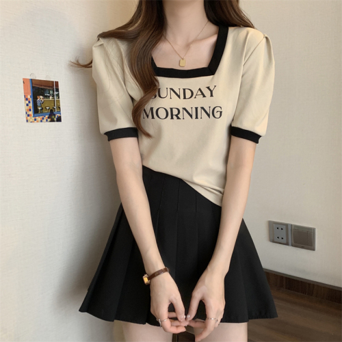 First release 11 thread summer Korean version loose square collar stitching letter printing mid-length large size short-sleeved T-shirt for women