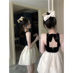 Summer Fugitive Princess Black and White Contrast Color Design Bowknot Hollow Backless Waist Slim Stitching Velvet Dress