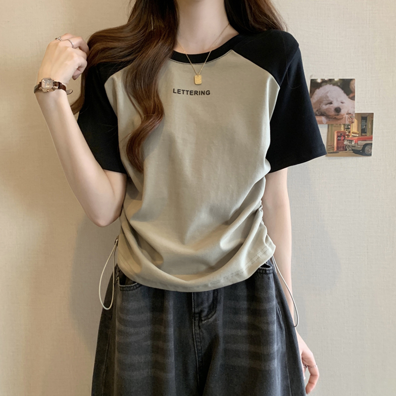 Large size summer round neck print drawstring short-sleeved T-shirt bottoming shirt fat sister cover belly was thin shoulder top women