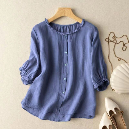 Three-quarter sleeves foreign style thin shirt 2023 summer mother wear breathable cotton and linen tops wine red pullover shirt women