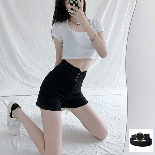 Official website real price black denim shorts women's summer high waist with old holes showing thin legs and long a-line hot pants